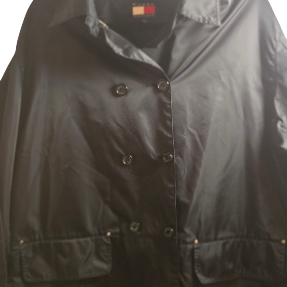 Tommy Hilfiger Black Nylon Double Breasted Trench Coat Jacket XL Vintage‎ Y2K - Picture 3 of 12